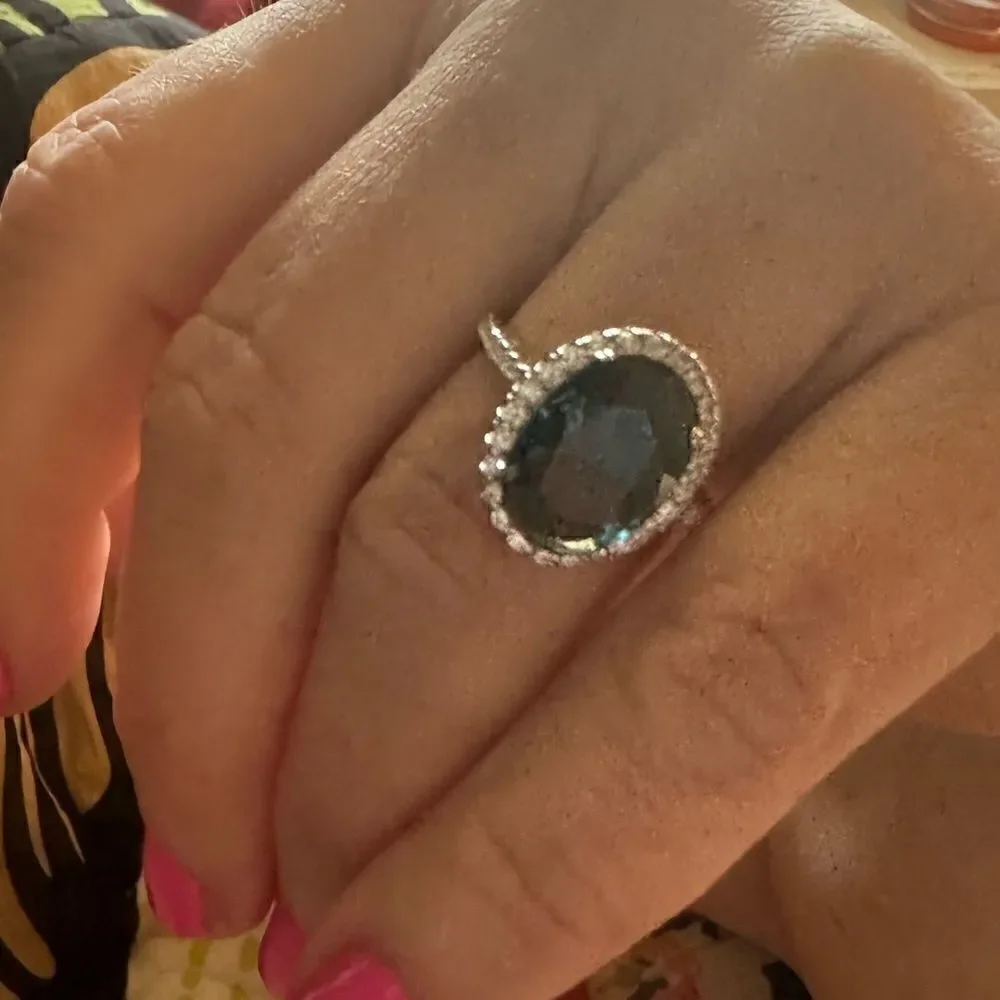 ⭐️Huge ⭐️ Dark Blue Oval Topaz With CZ White Surrounding Main Gemstone Cockta…